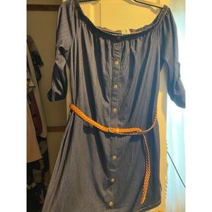 Off shoulder Jean dress with faux leather braided belt